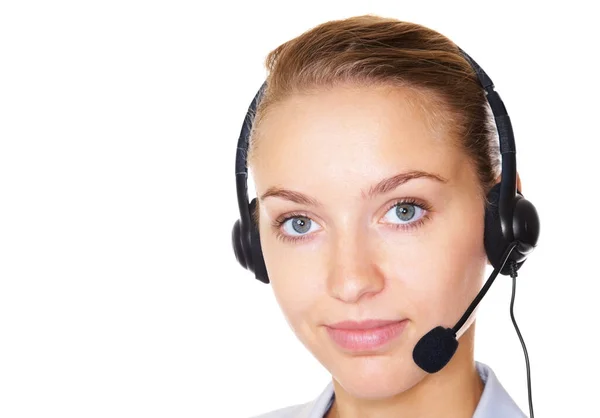 Closeup Cute Female Call Center Employee White Closeup Pretty Female — Stock Photo, Image