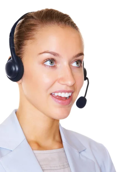 Happy Female Call Center Employee Isolated White Smiling Female Call — Stock Photo, Image