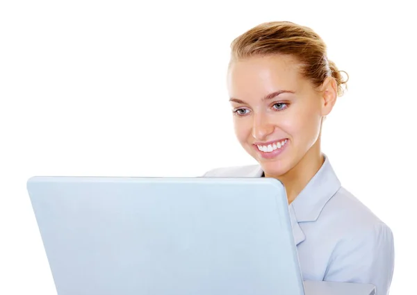 Uśmiechnięta Bizneswoman Robi Laptopie Szczęśliwy Młody Biznes Kobieta Pomocą Laptopa — Zdjęcie stockowe