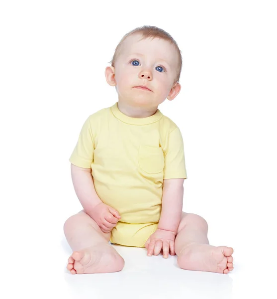 Dressed Sunny Day Cute Baby Boy Sitting Floor White Background — Stock Photo, Image