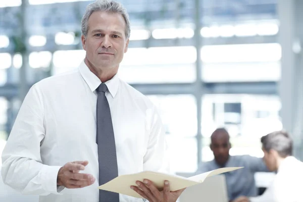 Reading a concise business file. Portrait of a mature businessman standing with a file in front of two younger colleagues