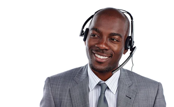 Hes Got Solution Every Problem Businessman Wearing Headset White Background — Stock Photo, Image