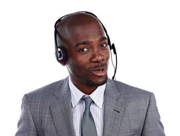 Ajuda Ajuda Retrato Recortado Homem Negócios Usando Fone Ouvido Contra — Fotografia de Stock