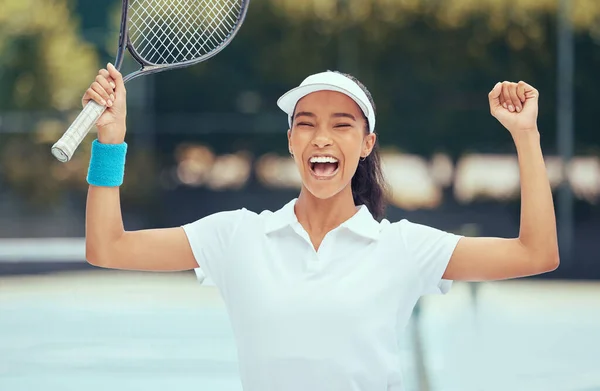 Happy tennis black woman success celebration winner for winning training match or game achievement on tennis court. Fitness, happiness and competitive sports girl athlete smile and celebrate victory.