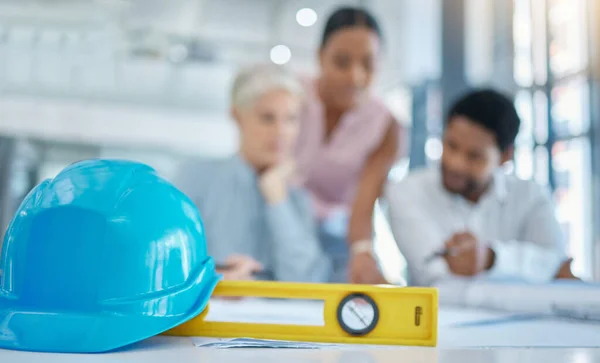 Ruler, helmet or architecture meeting tools or engineering equipment with architect or building designer people. Zoom of property construction gear or teamwork planning real estate design with vision.