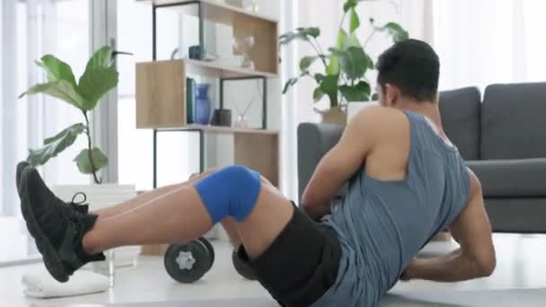 Hem Fitness Man Träning Träning Och Motion Vardagsrummet Hälsosam Motivation — Stockvideo