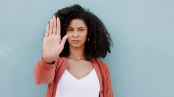 Black Woman Portrait Stop Hands Palm Sign Fighting Racism Oppression — Stock Video