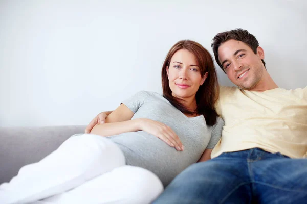 Comfort Love Blissful Expecting Couple Sitting Together Comfortably Copyspace — Stock Photo, Image