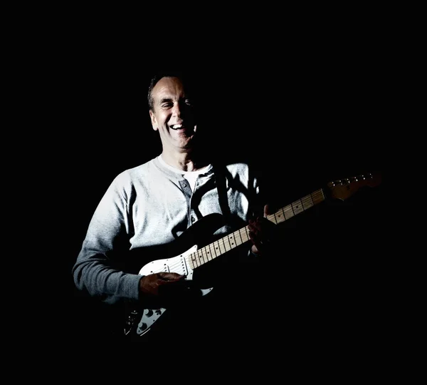 Cheerful Mature Man Playing Guitar Black Background Portrait Cheerful Mature Royalty Free Stock Photos