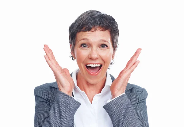 Una Mujer Negocios Sorprendida Retrato Mujer Negocios Sorprendida Sonriendo Sobre —  Fotos de Stock