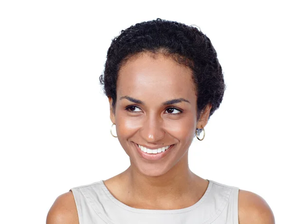 Zwycięski Uśmiech Studio Ujęcie Pewnej Siebie Kobiety Pozującej Białym Tle — Zdjęcie stockowe