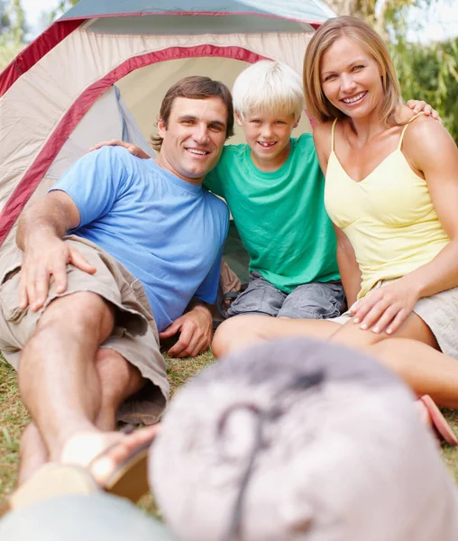 Attractive Family Camping Portrait Attractive Family Three Sitting Front Tent — Stock Photo, Image