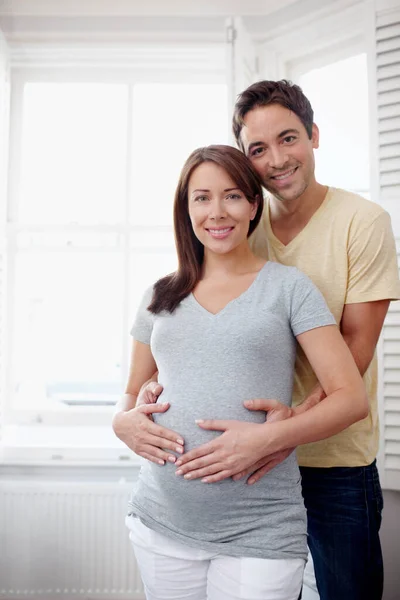 Planned parenthood. Portrait of an expectant couple standing together at a window - Copyspace