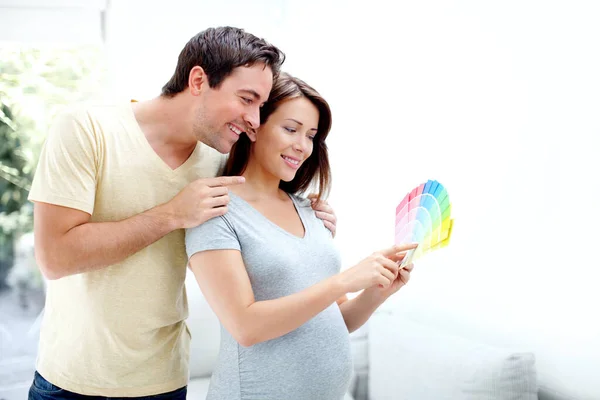 Beginning Exciting Jouney Happy Parents Picking Out Right Colour Babys — Stock Photo, Image