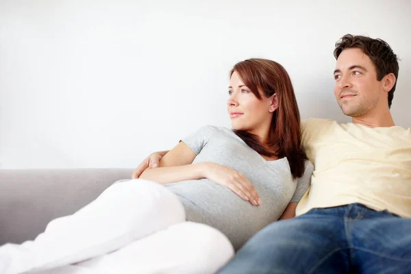 Thinking Future Blissful Expecting Couple Looking Copyspace Thoughtfully — Stock Photo, Image