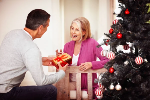 Mature man giving a Christmas present to wife at home. Portrait of a mature man giving a Christmas present to wife at home