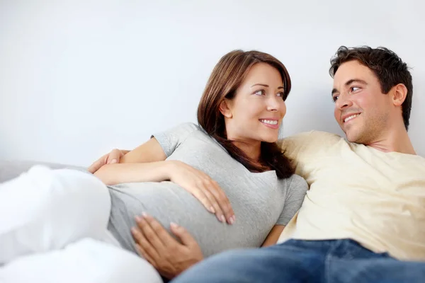 Taking Journey Together Happy Expecting Couple Sitting Living Room Look — Stock Photo, Image