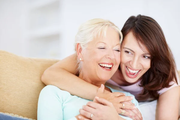 Feeling Love Happy Mother Daughter Embracing Laughing Together Copyspace — Stock Photo, Image