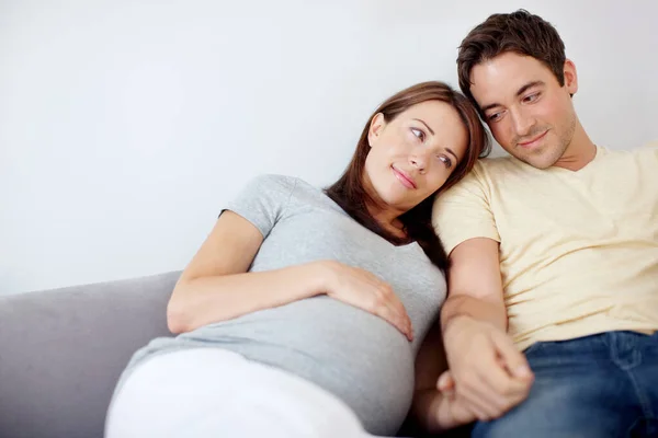 Support Anticipation Happy Young Pregnant Couple Sitting Couch Home Relaxing — Stock Photo, Image