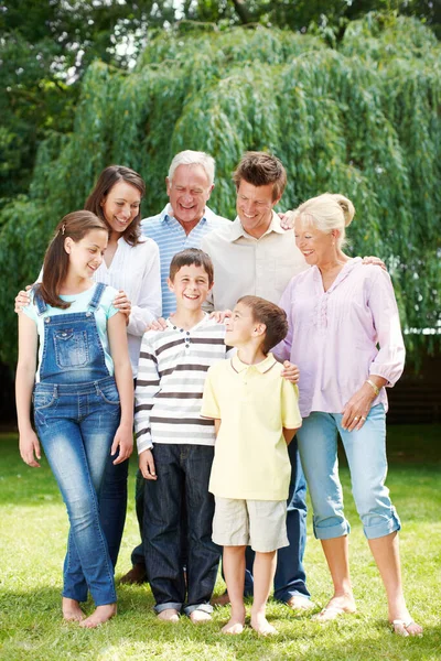 Easy, relaxed and loving company - Family bonding. Full-length of a loving family of three generations standing and laughing together in the park - Copyspace