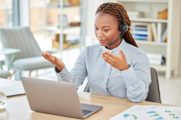 Call center, consulting and black woman on a video call with headset. Technology, support and communication, a crm consultant talks to client on computer. Female business coach teaching online class