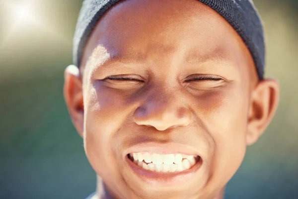 Children Face Teeth Black Boy Big Smile Eyes Closed Kids — Stock Photo, Image