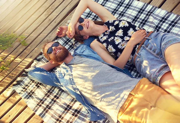 Everyday Perfect Day Were Together Affectionate Young Couple Lying Blanket — Stock Photo, Image