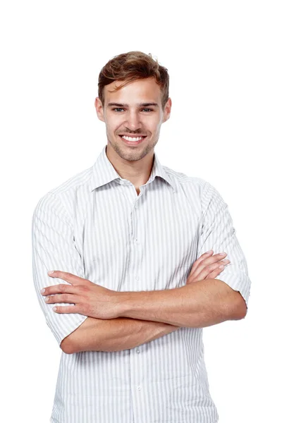 Confident Self Assured Studio Portrait Young Man Standing His Arms — Stock Photo, Image