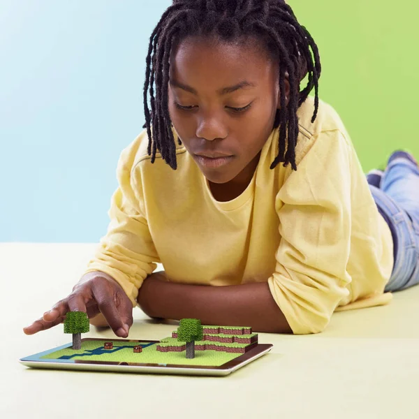 Spending Some Time Online Boy Playing Game His Tablet All — Stock Photo, Image