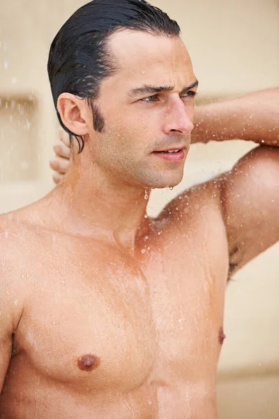 Hunky Hydration Handsome Young Man Enjoying Refreshing Shower — Stock Photo, Image