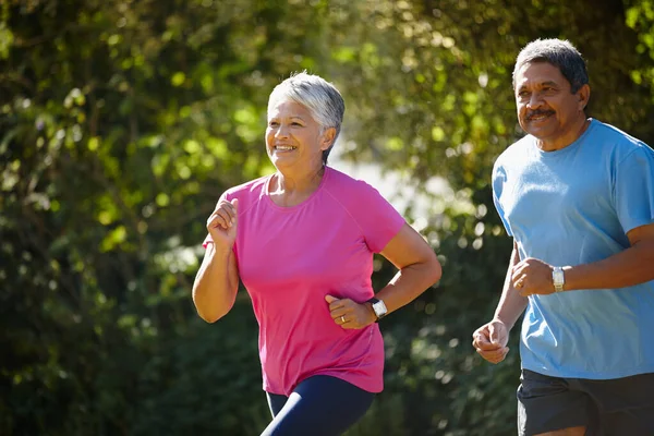 Love Keeping Healthy Together Mature Couple Jogging Together Sunny Day — Stock Photo, Image