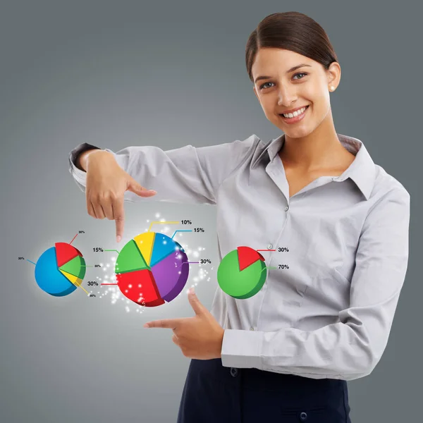 Colorful Easy Understand Business Data Businesswoman Pointing Virtual Pie Charts — Stock Photo, Image