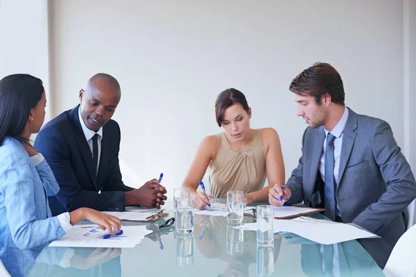 Teamwork Produces Results Group Business Colleagues Discussing Paperwork Meeting — Stock Photo, Image