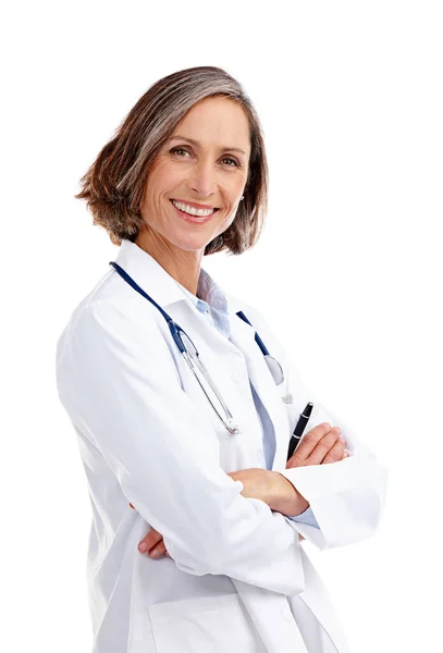 Tua Saúde Prioridade Dela Retrato Recortado Uma Médica Madura Posando — Fotografia de Stock