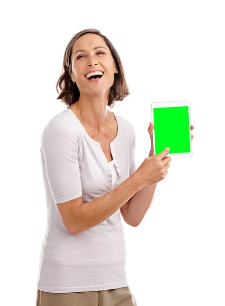 Thats One Funny Website Studio Shot Attractive Mature Woman Holding — Stock Photo, Image
