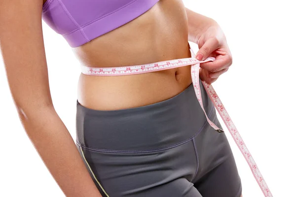 Takes Certain Degree Dedication Get Fit Woman Measuring Her Waistline — Stock Photo, Image