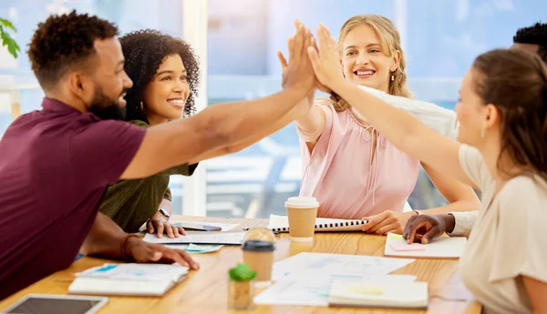 High five, success or global business collaboration in teamwork with kpi paper, target audience research or documents. Happy smile and excited diversity office people with marketing b2b goal and deal.