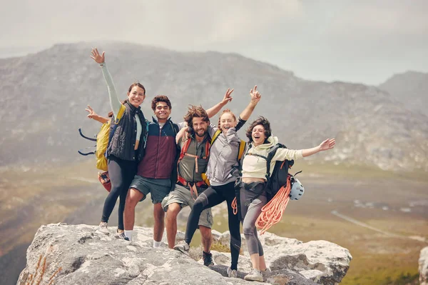 Hiking goals, mountains and friends portrait for fitness, adventure or wellness lifestyle. Nature, eco and health people or group with happy motivation for backpack trekking and countryside journey.