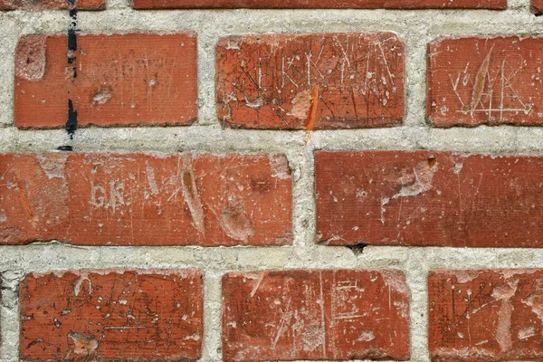 Signature wall. A photo of brick wall of an old school with a lot of signatures written by school children over a period of more than 120 year. Old time graffiti Denmark