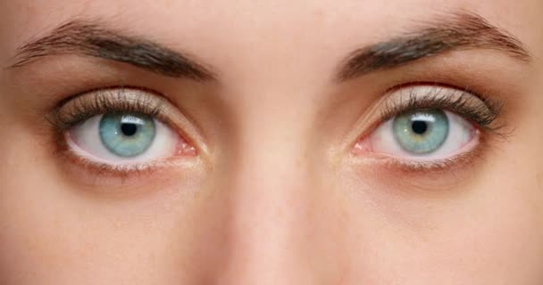 蓝眼睛 视力和视觉美的焦点从漂亮的眼睛护理 隐形眼镜或治疗 集中视力 睁开眼睛或眼睫毛的女性虹膜放大或特写 — 图库视频影像