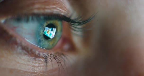 Olho Perto Reflexão Luz Tela Computador Durante Leitura Fazendo Pesquisa — Vídeo de Stock