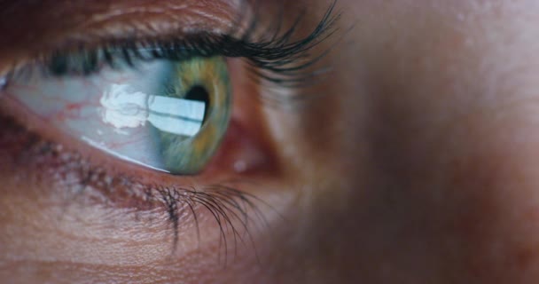 Eye Vision Och Läsning Journalist Kvinna Med Skärm Reflektion För — Stockvideo