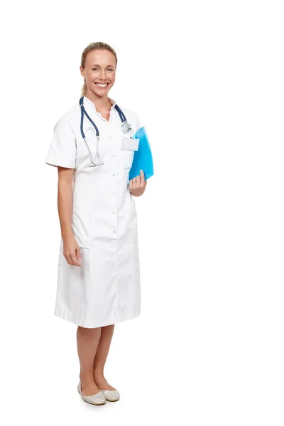 Ready Assist Sick Studio Shot Young Nurse Holding Blue Folder — Stock Photo, Image