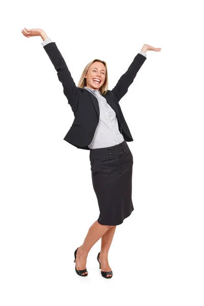 Celebrating Her Success Studio Portrait Excited Businesswoman Standing Her Arms — Stock Photo, Image