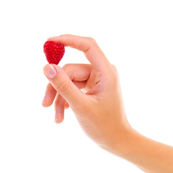 Delicious Source Vitamins Cropped Studio Shot Woman Holding Raspberry Isolated — Stock Photo, Image