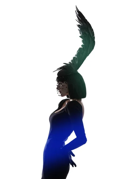 Striking Sillhouette Young Woman Wing Shaped Headpiece Standing Studio — Stock Photo, Image