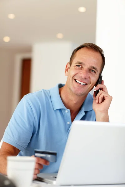 Office Meets Home Comfort Businessman Smiling Happily While Talking Phone — Stock Photo, Image