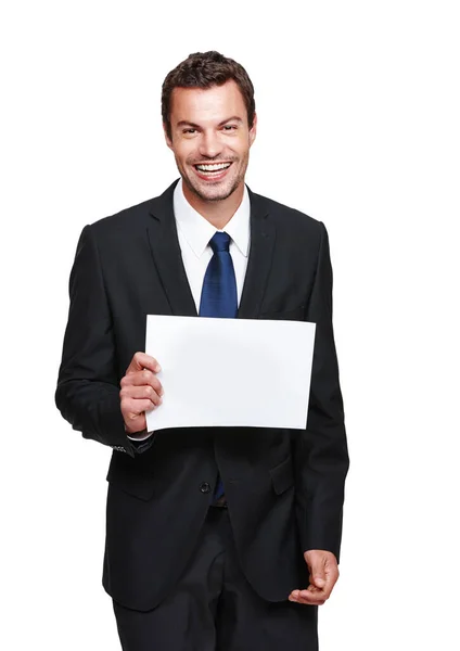 Esperando Poco Espacio Para Joven Hombre Negocios Guapo Sosteniendo Cartel — Foto de Stock