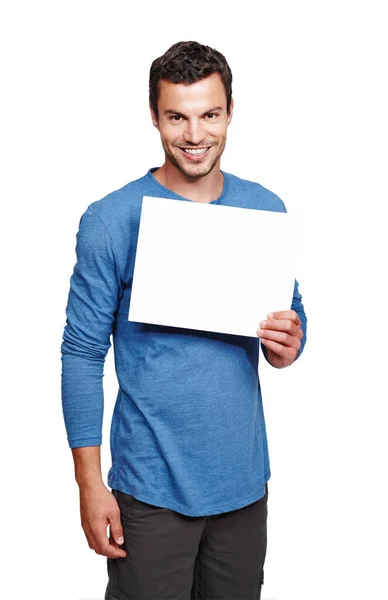 Publicidad Producto Retrato Guapo Hombre Casual Sosteniendo Una Pancarta Sonriendo — Foto de Stock