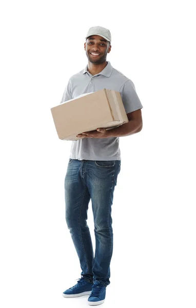 Making Sure Your Parcel Arrives Time Smiling Deliveryman Holding Box — Stock Photo, Image
